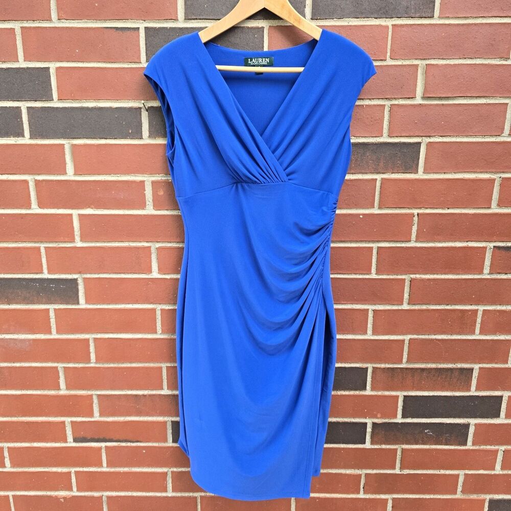 Lauren Ralph Lauren Sheath Dress Size 8 Cobalt Blue Ruched Knee Length Stretch